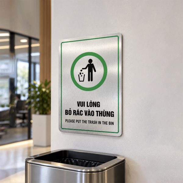 Biển b&aacute;o vui l&ograve;ng bỏ r&aacute;c v&agrave;o th&ugrave;ng, bảng hiệu chỉ dẫn khu vực bỏ r&aacute;c BG133 20x30cm Levushop